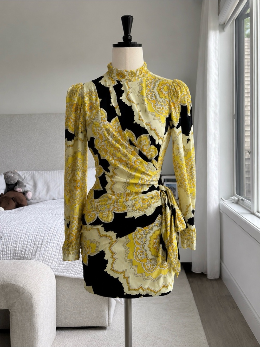 Ronny Kobo Collection Yellow and Black Paisley Wrap Dress